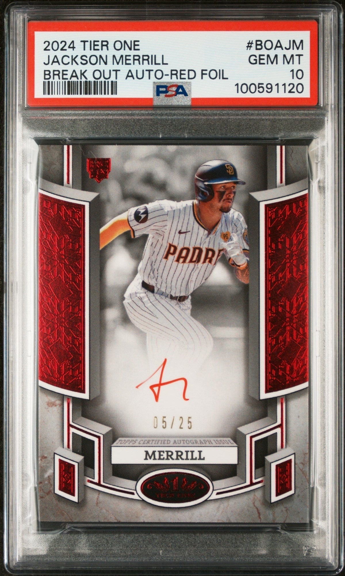 2024 Topps Tier One Red Foil Jackson Merrill #BOAJM Auto /25 PSA 10