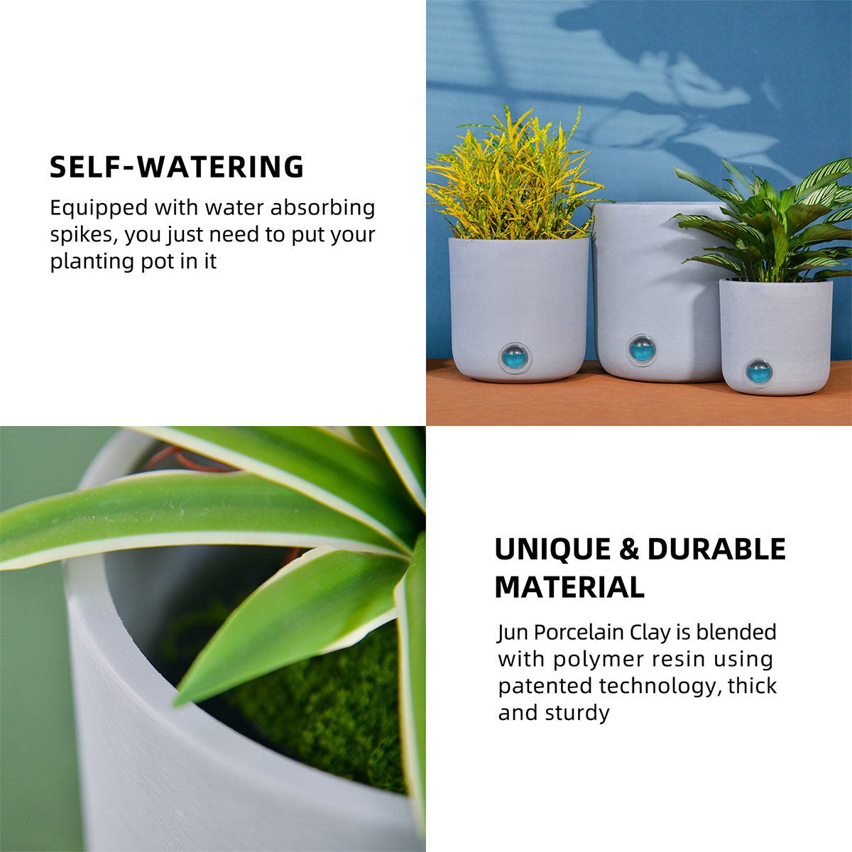 Self-Watering Tall Cylinder Pot System for Indoor Plants (Set of 3)