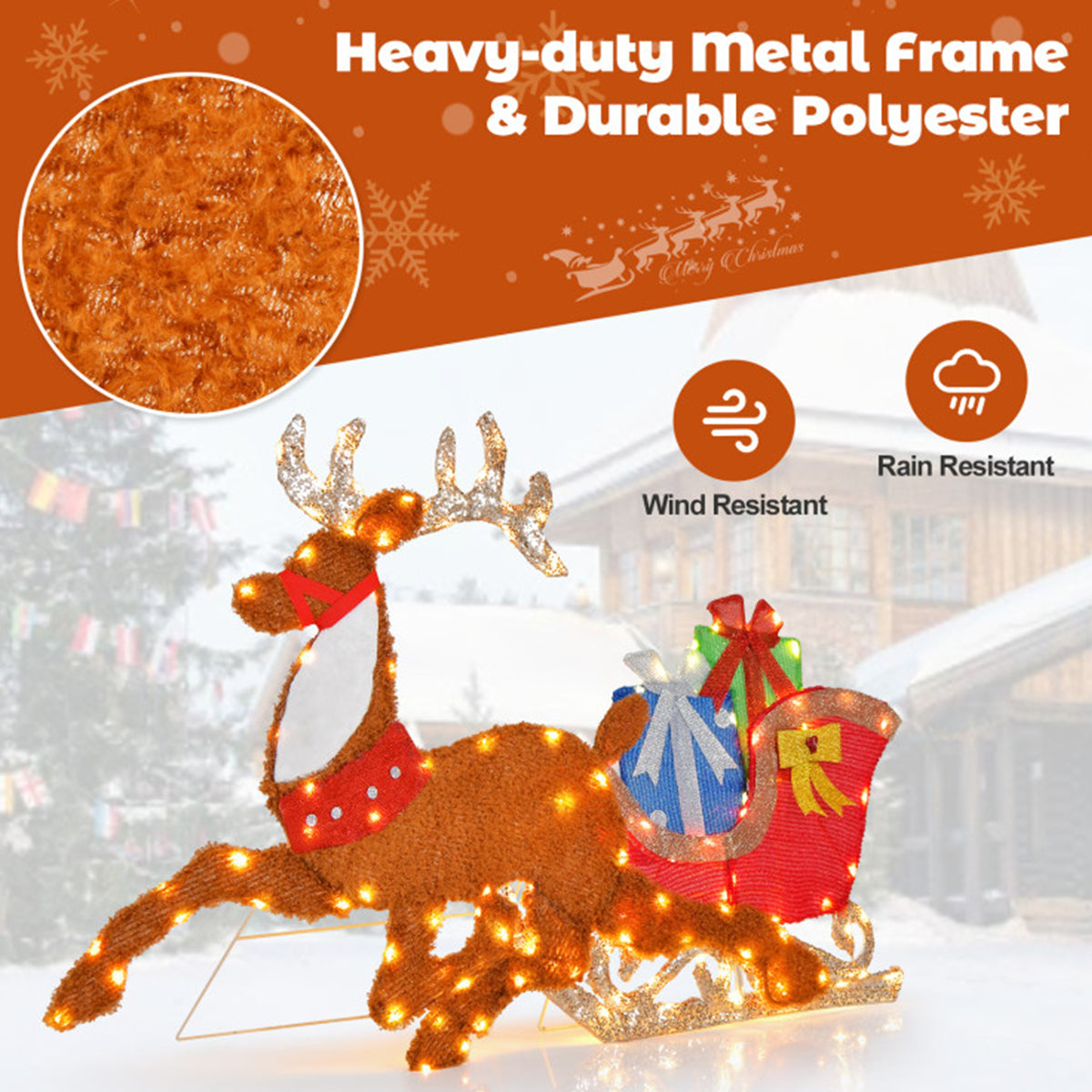 2D Pre-Lit Christmas Reindeer and Sleigh Decoration