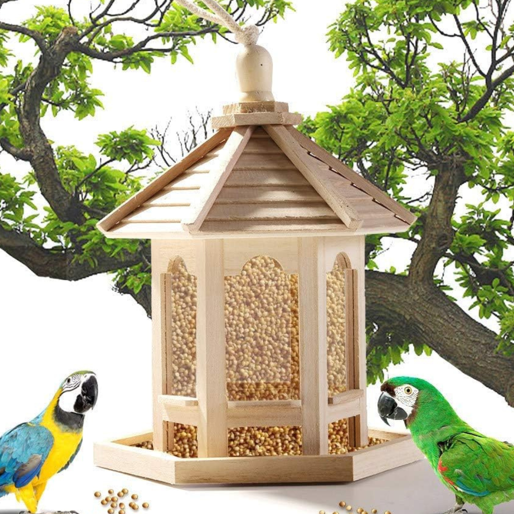 Wooden Bird Feeder with Transparent Acrylic Panel and Protective Roof