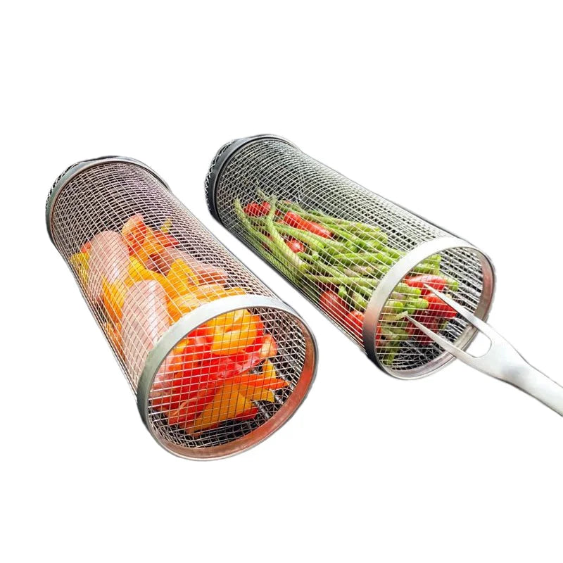Rotating Grill Basket with Secure Latch and Stainless Steel Mesh, Dishwasher Safe