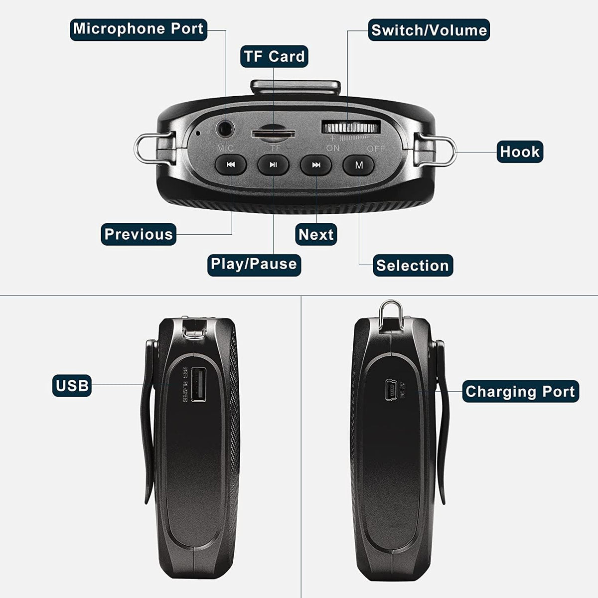 Wearable Voice Amplifier with Gooseneck Microphone and Noise Reduction, 10W Speaker