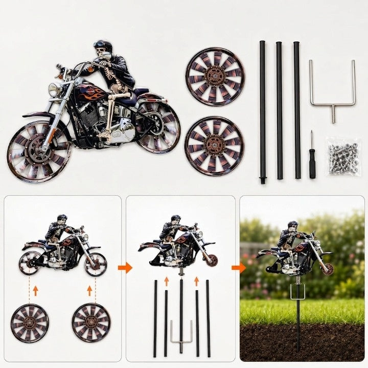 Skeleton Motorcycle Wind Spinner with Ground Stake for Gardens