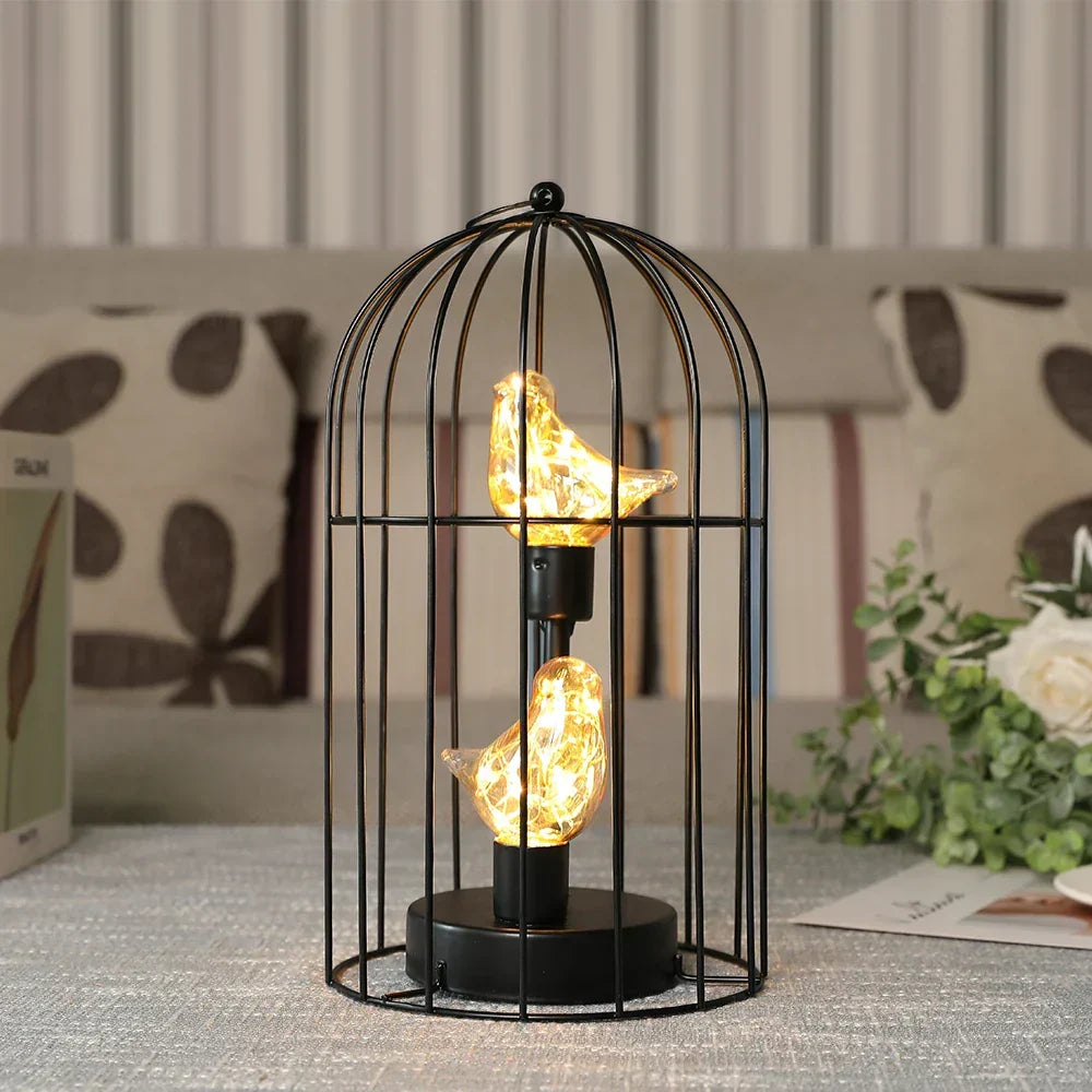 Warm White Fairy Light Birdcage Lamp with Metal Frame and Bird Accent