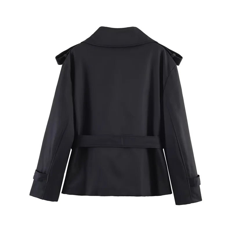 Short Trench Coat with Self Tie Belt and Turn Down Collar