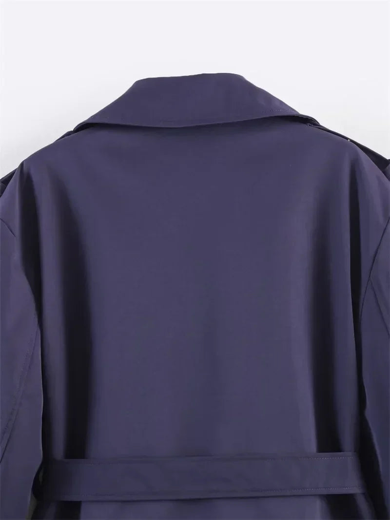 Short Trench Coat with Self Tie Belt and Turn Down Collar