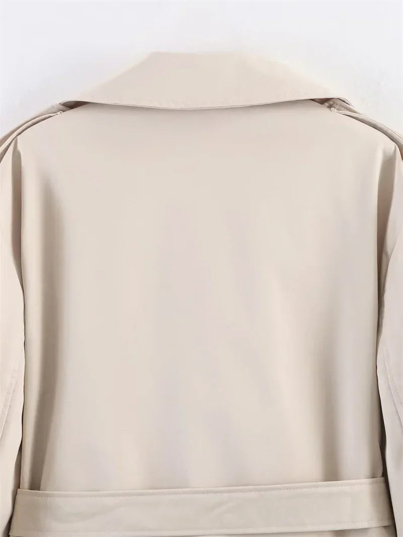 Short Trench Coat with Self Tie Belt and Turn Down Collar