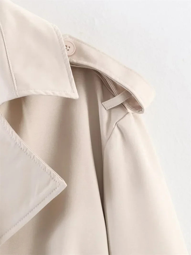 Short Trench Coat with Self Tie Belt and Turn Down Collar