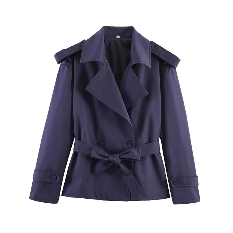 Short Trench Coat with Self Tie Belt and Turn Down Collar