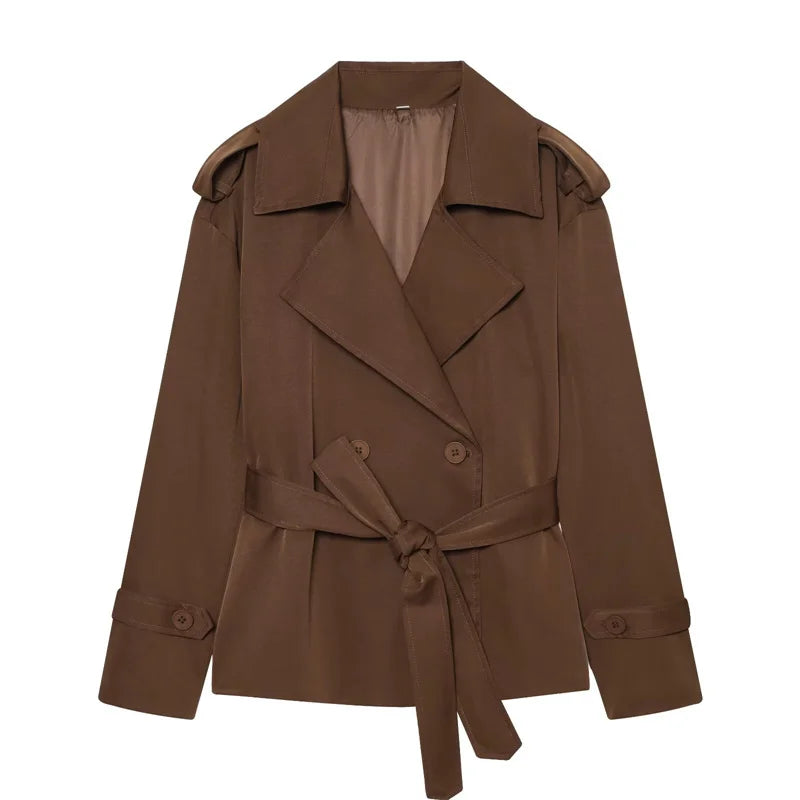 Short Trench Coat with Self Tie Belt and Turn Down Collar