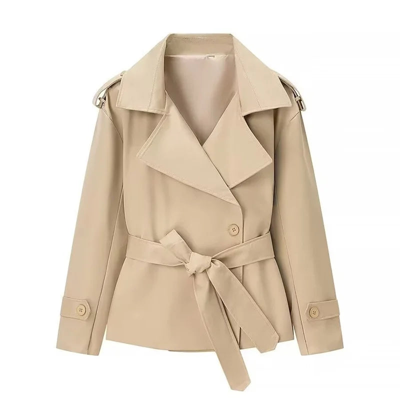 Short Trench Coat with Self Tie Belt and Turn Down Collar