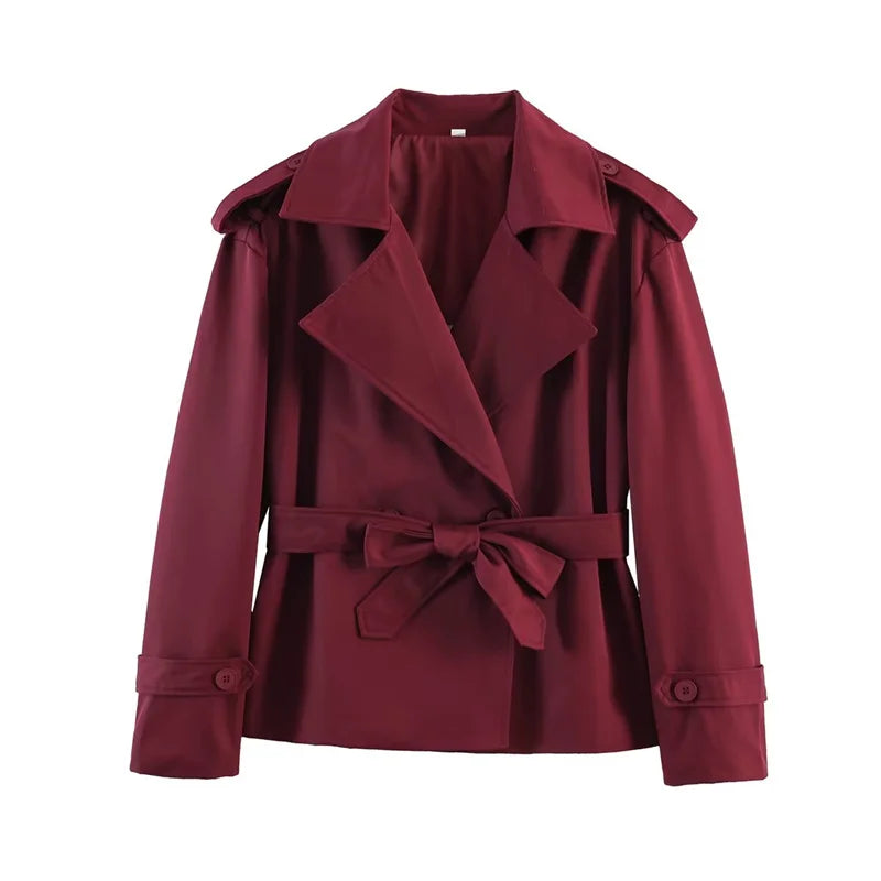 Short Trench Coat with Self Tie Belt and Turn Down Collar