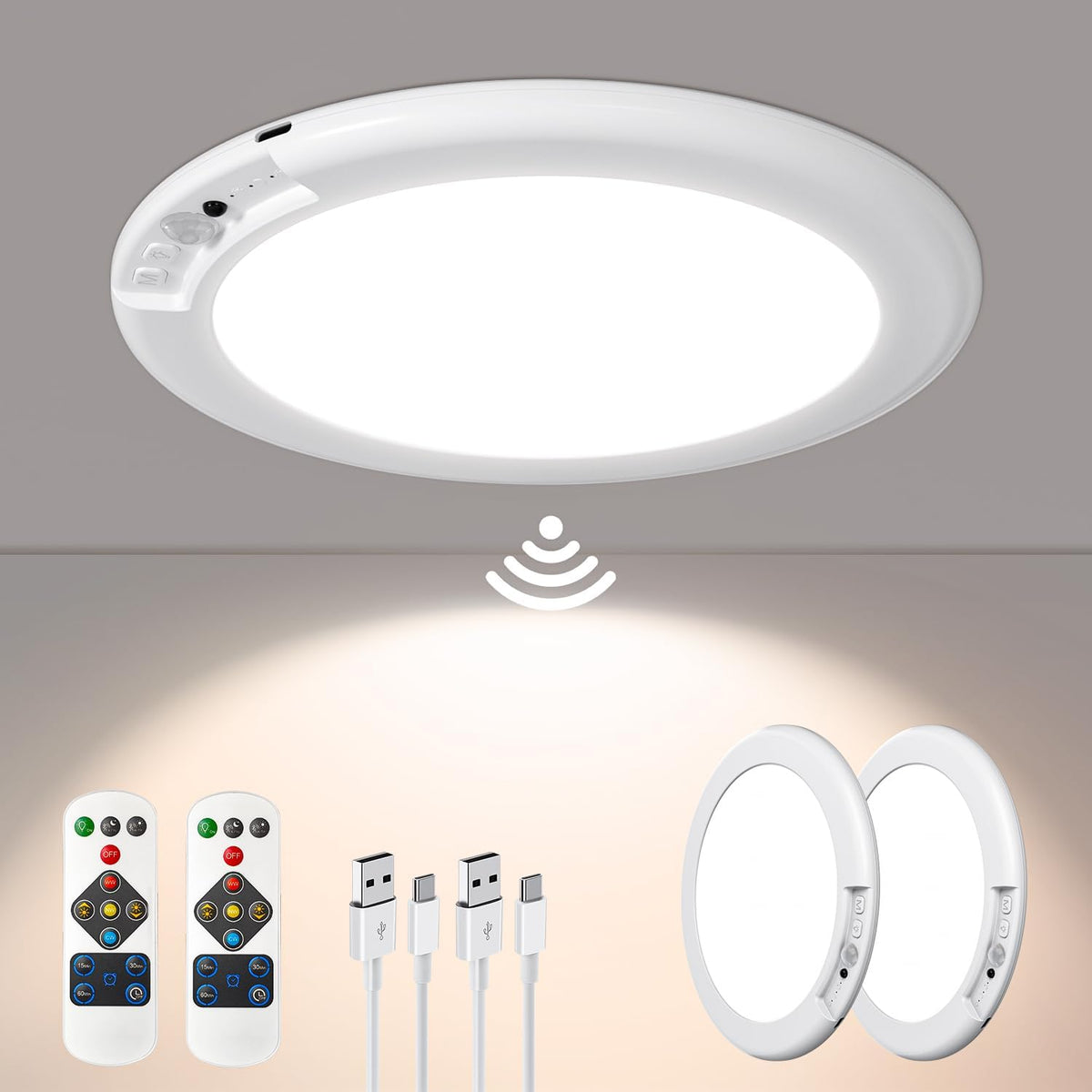 Rechargeable Motion Sensor Ceiling Light with Remote Control and Three Color Temperatures