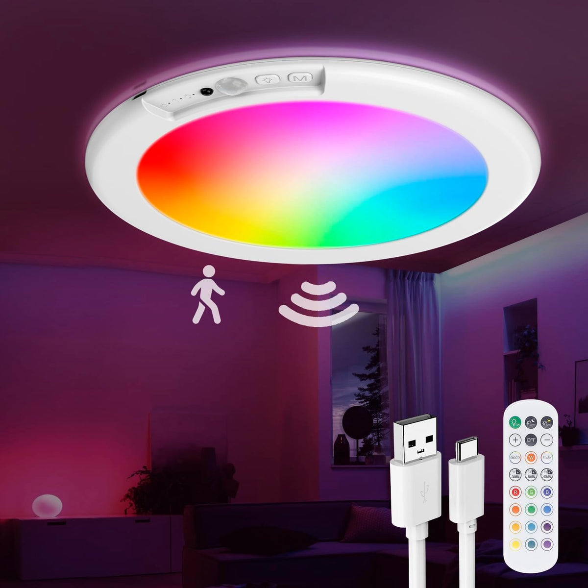 Rechargeable Motion Sensor Ceiling Light with Remote Control and Three Color Temperatures