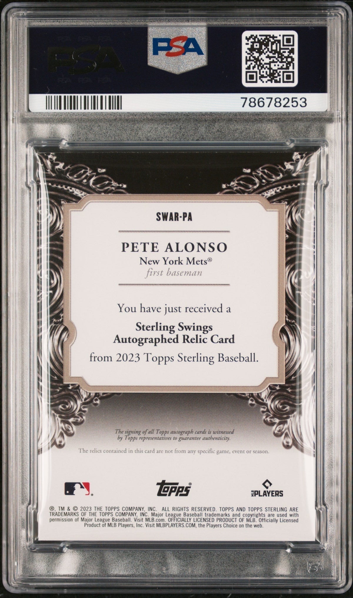 2023 Topps Sterling Sterling Swings Auto Relics Pete Alonso #SWARPA Rlcs PSA