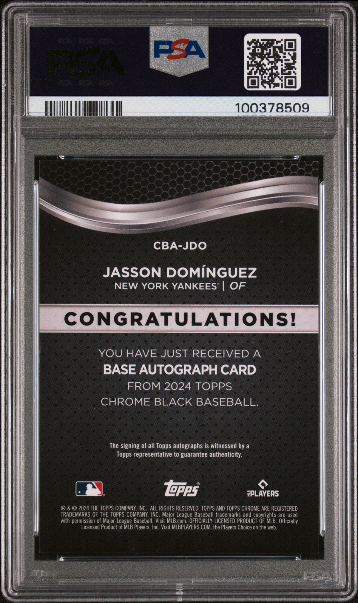 2024 Topps Chrome Black Auto Jasson Dominguez #JDO Green Refractor 61/99 PSA 10