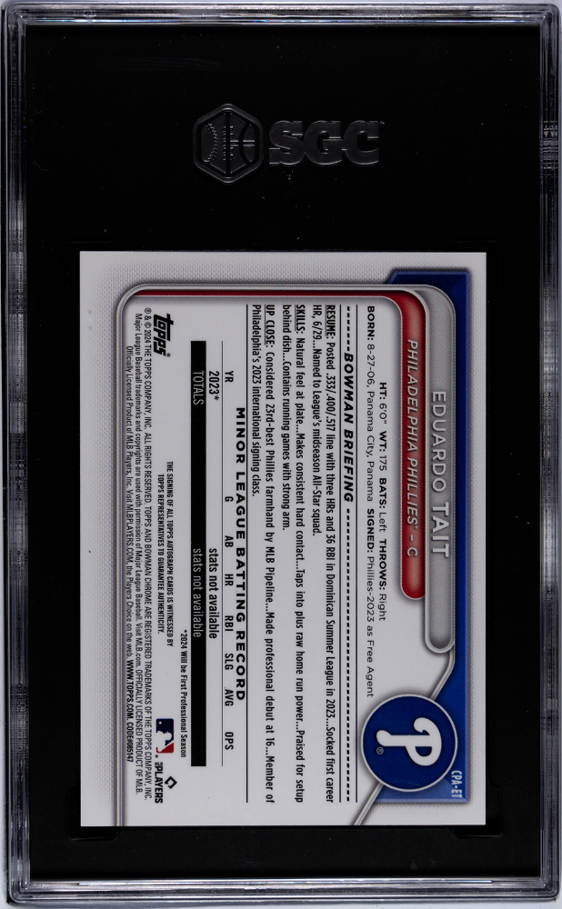 2024 Bowman Chrome Eduardo Tait #CPA-ET Auto Green. Refractor SGC 9.5 Auto 10