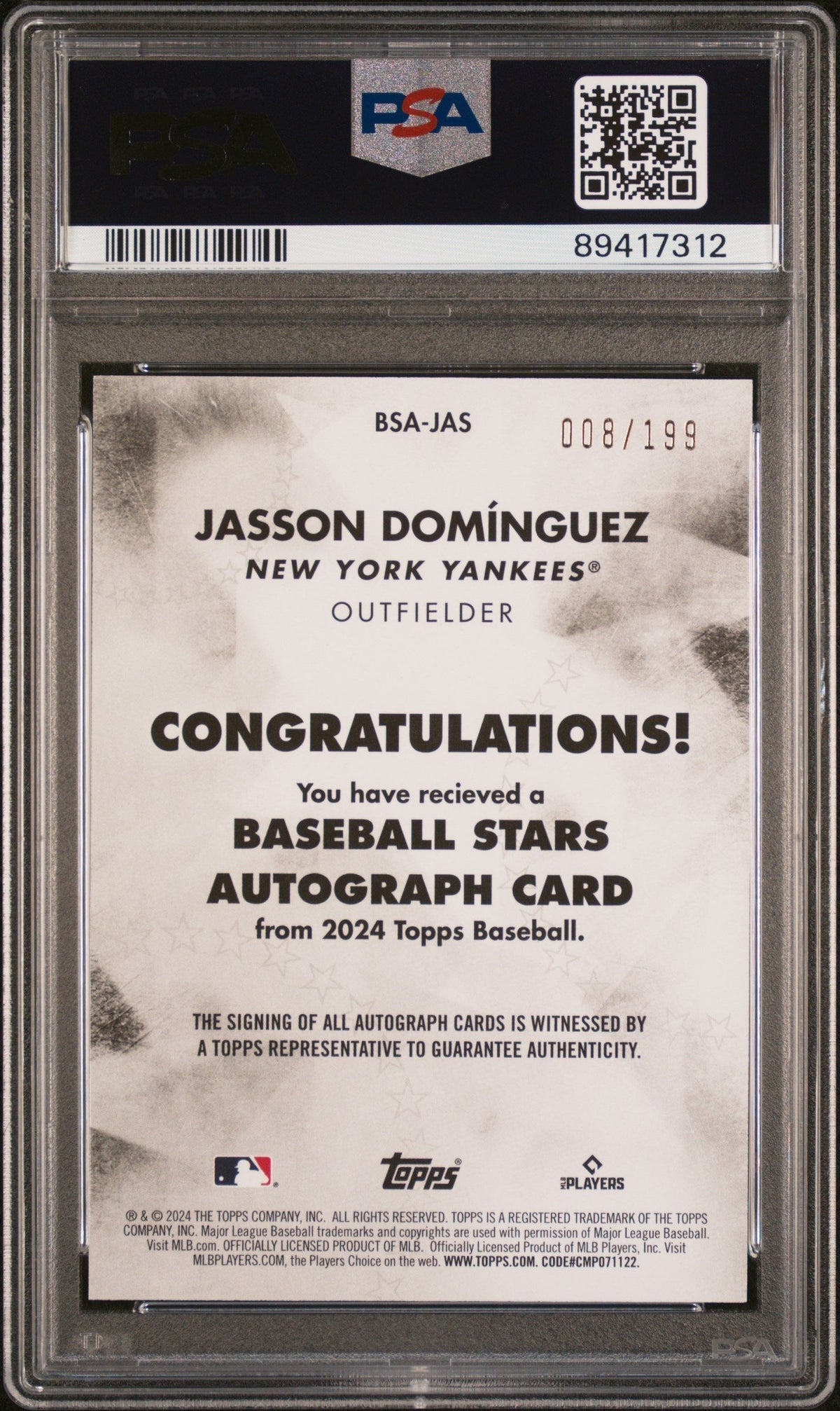 2024 Topps Baseball Stars Autographs Jasson Dominguez #BSAJAS Black PSA 10