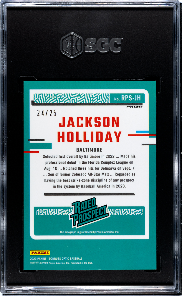2023 Donruss Jackson Holliday #RPS-JH Optic Rated Prospect. Blue Prizm SGC 9.5