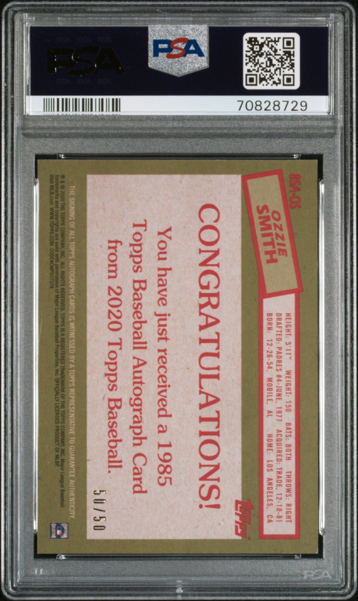 2020 Topps 1985 Topps 35th Anniversary Auto Ozzie Smith #85AOS '85 Gold PSA 8
