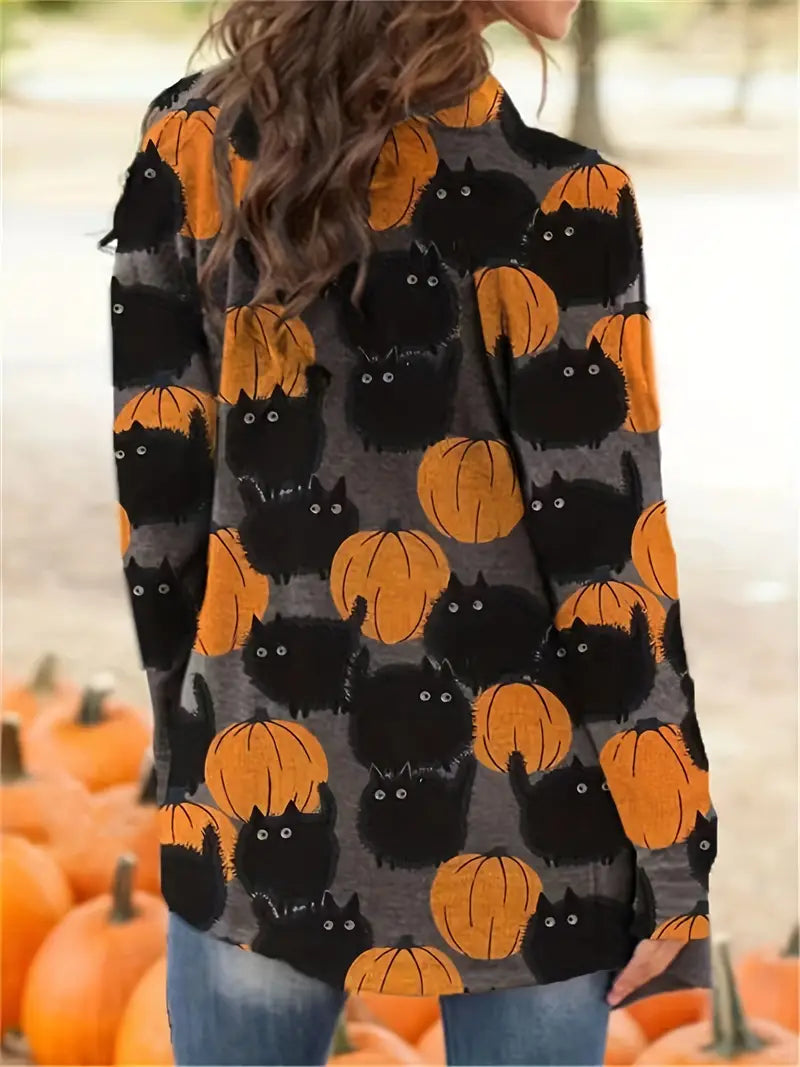Women's Pumpkin Print Knitted Cardigan with Button Front and Full Sleeves