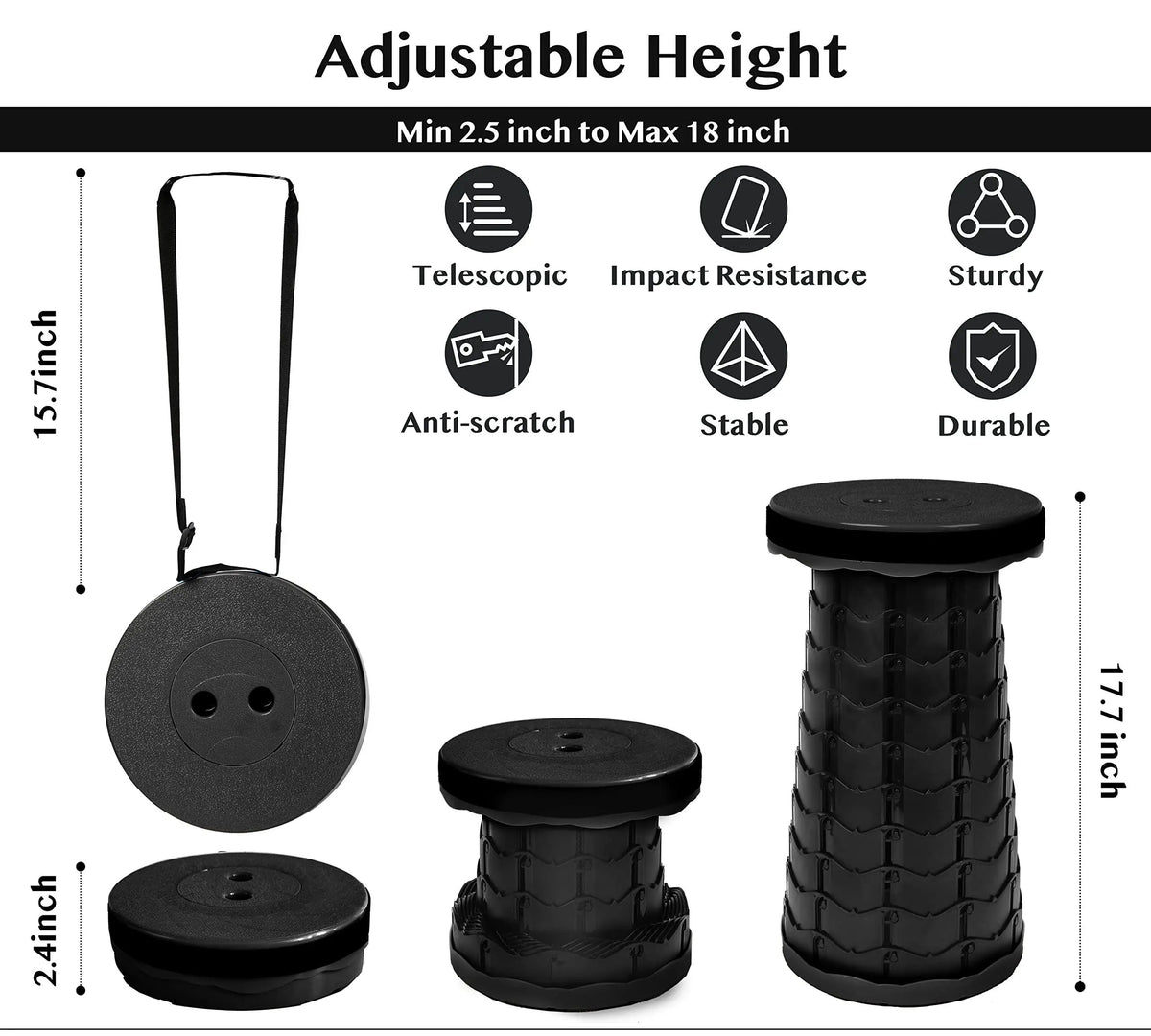 Telescopic Stool with Adjustable Height and Carrying Straps, 330 Pound Capacity