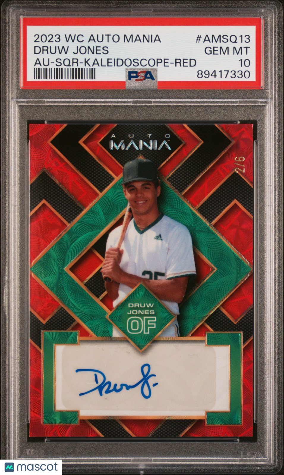 2023 Wild Card Auto Mania Autographs Druw Jones #AMSQ13 SQR Red 2/6 PSA 10
