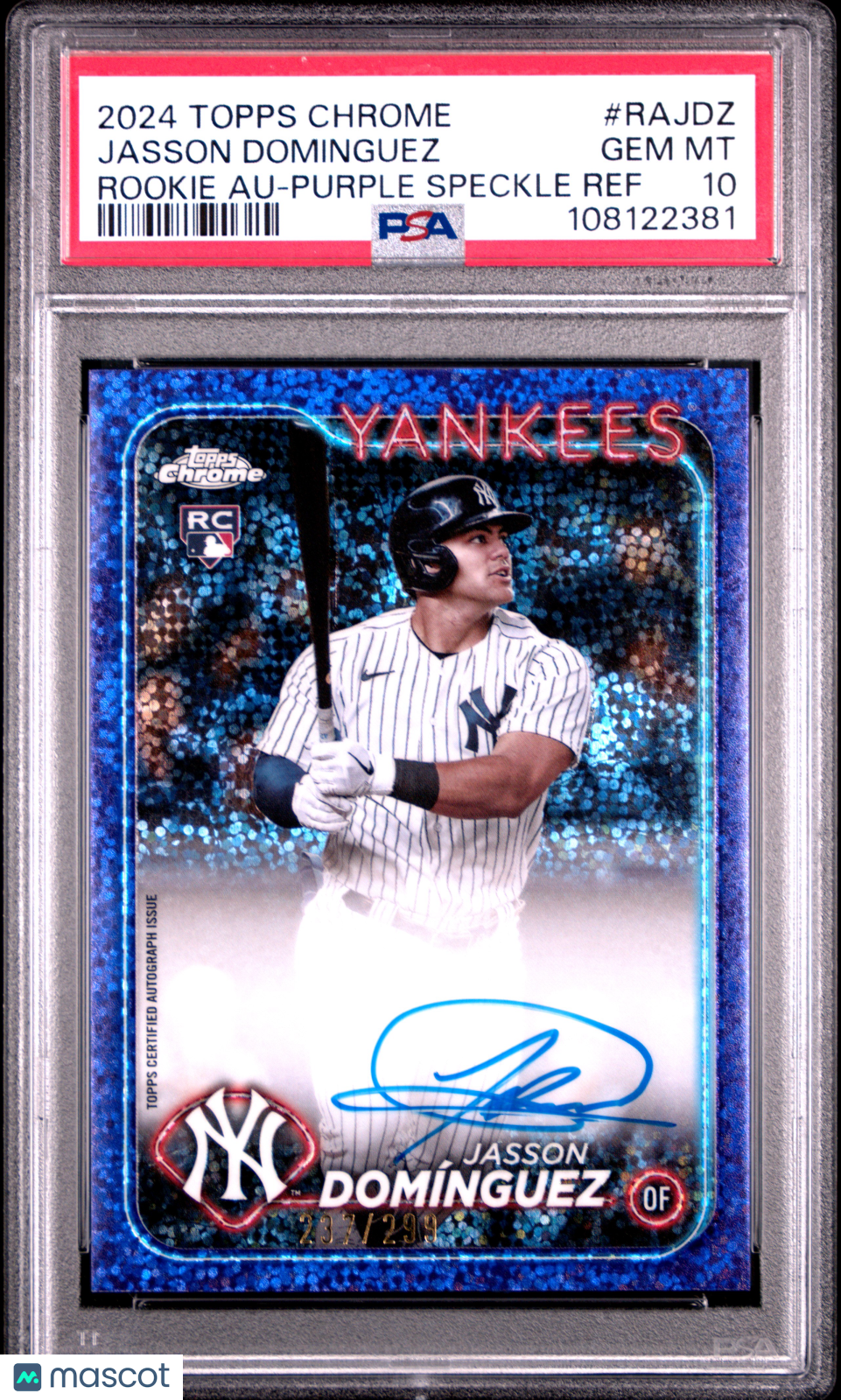 2024 Topps Chrome Rookie Jasson Dominguez #RAJDZ Purple Speckle 237/299 PSA 10