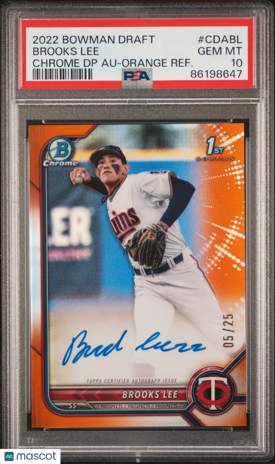 2022 Bowman Draft Chrome Pick Auto Brooks Lee #CDABL DP Orange Refractor PSA 10