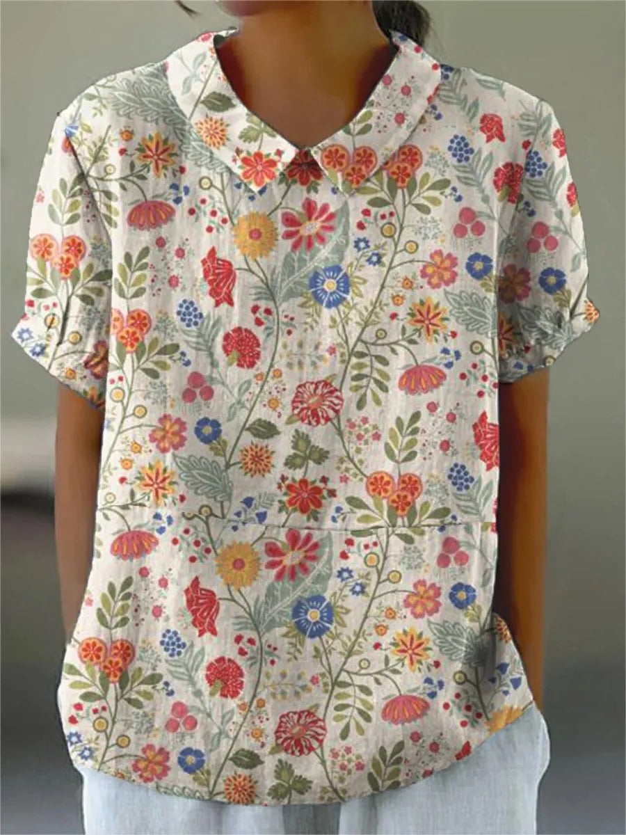 Women's Casual Cotton Linen Shirt, Pastoral Floral Print