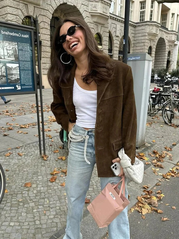 Women's Suede-Like Jacket with Tailored Lapel and Functional Pockets, Brown