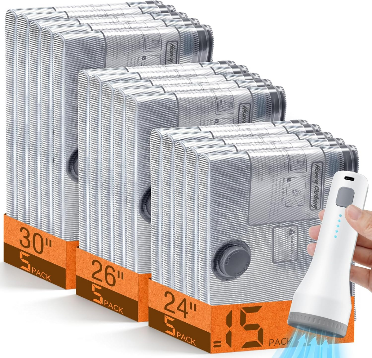 Storage Bags with Wireless Pump and Zipper Seal, 15-Piece Set
