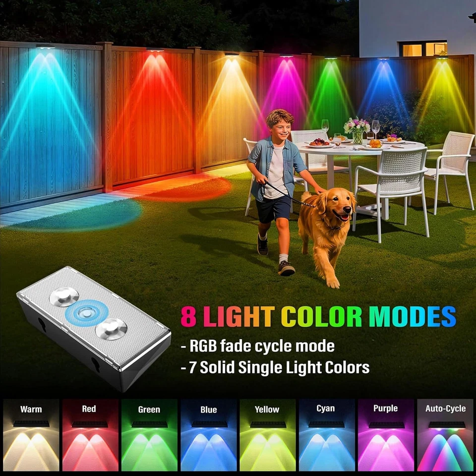 Solar Fence Lights with Automatic Dusk Sensor and 8-Color Button Control, 8-Pack