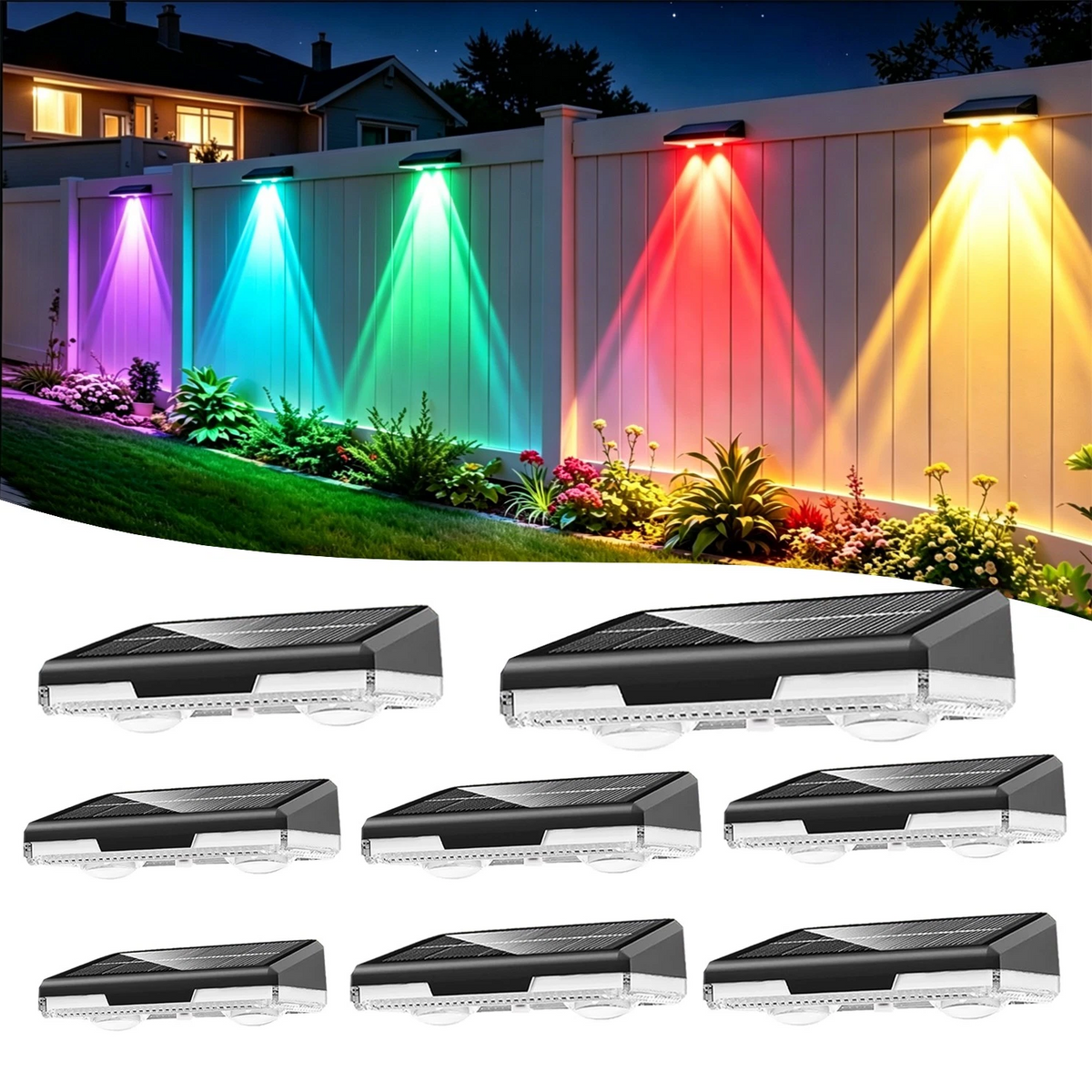 Solar Fence Lights with Automatic Dusk Sensor and 8-Color Button Control, 8-Pack