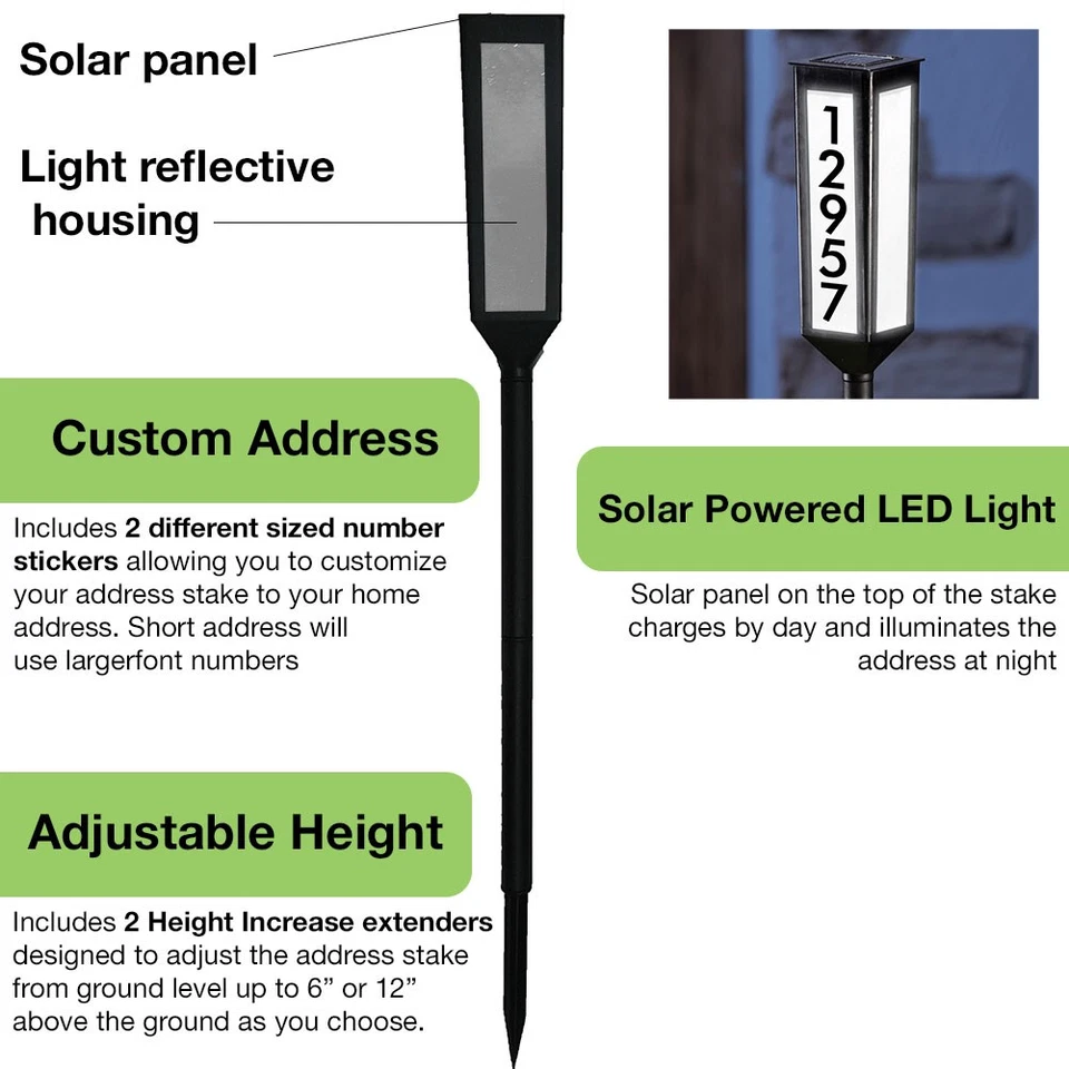 Solar Address Stake with Adjustable Height and LED Illumination, Customizable Numbers
