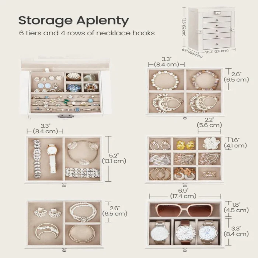 Six Tier Jewelry Box with Built In Mirror and Locking Front Closure