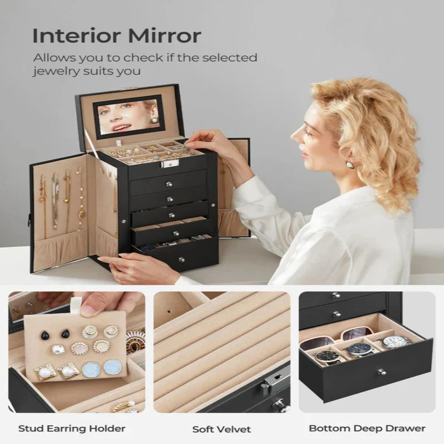 Six Tier Jewelry Box with Built In Mirror and Locking Front Closure
