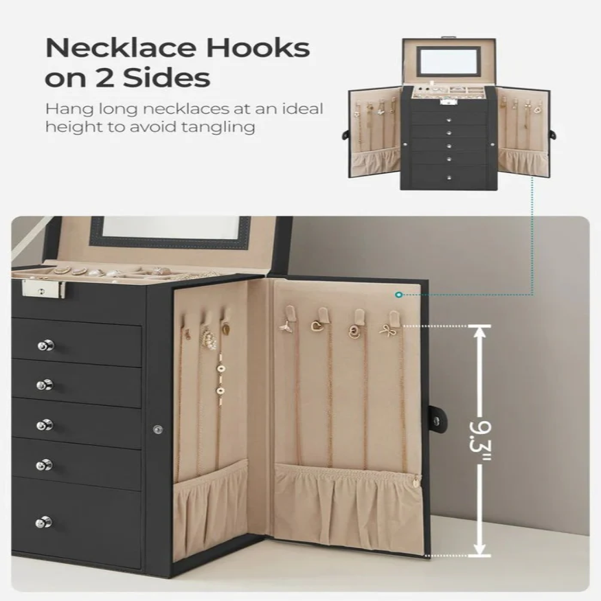 Six Tier Jewelry Box with Built In Mirror and Locking Front Closure