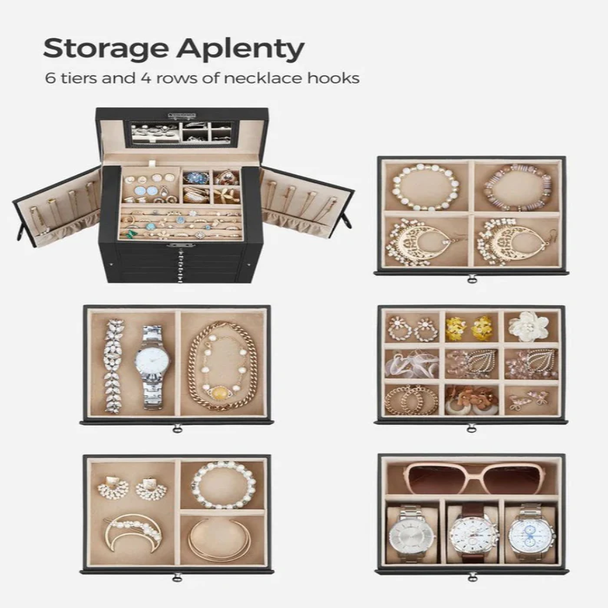 Six Tier Jewelry Box with Built In Mirror and Locking Front Closure