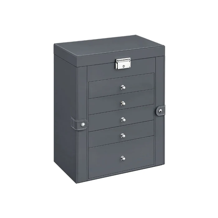 Six Tier Jewelry Box with Built In Mirror and Locking Front Closure