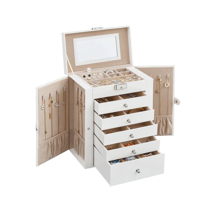 Six Tier Jewelry Box with Built In Mirror and Locking Front Closure