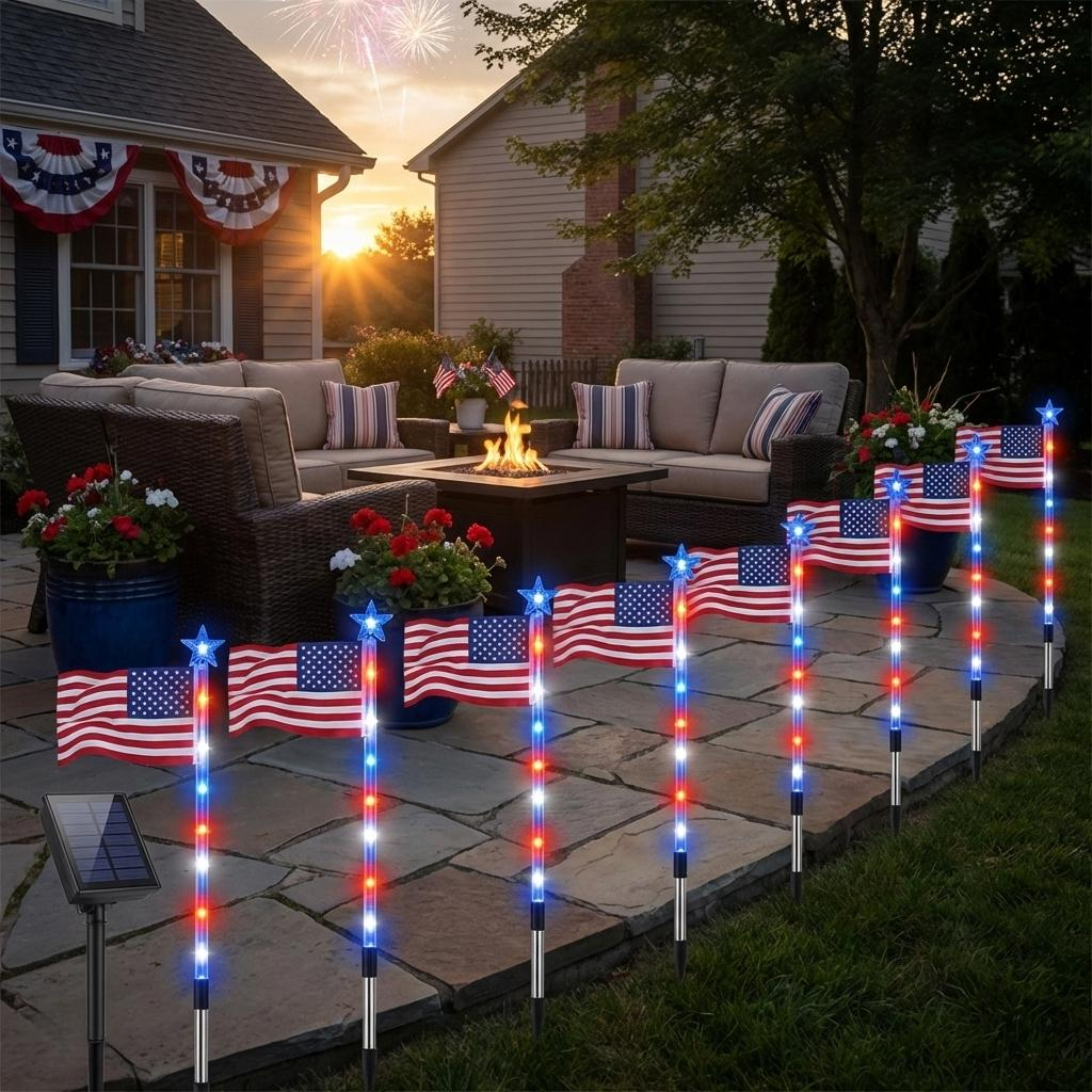 Solar Garden Stake Lights with Red White Blue LEDs and 8 Display Modes, 8-Pack