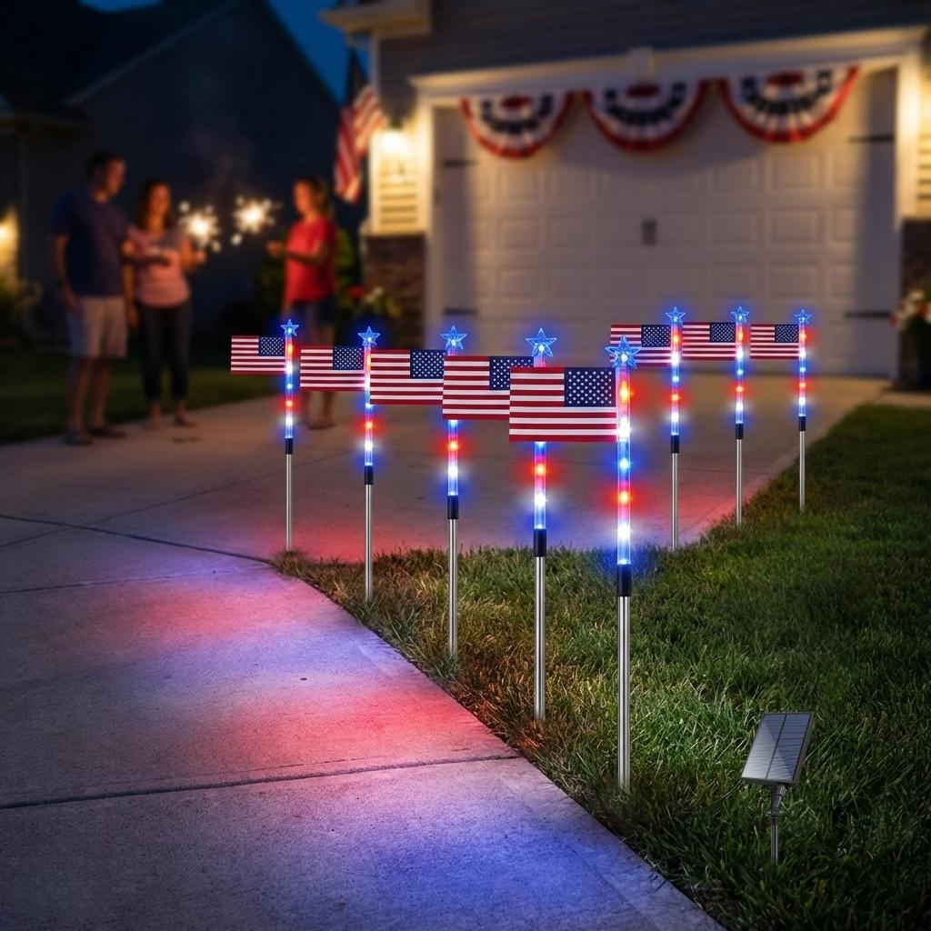 Solar Garden Stake Lights with Red White Blue LEDs and 8 Display Modes, 8-Pack