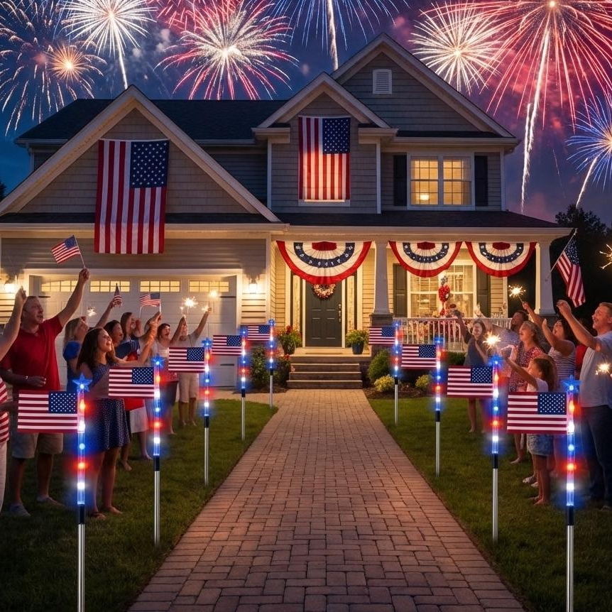 Solar Garden Stake Lights with Red White Blue LEDs and 8 Display Modes, 8-Pack