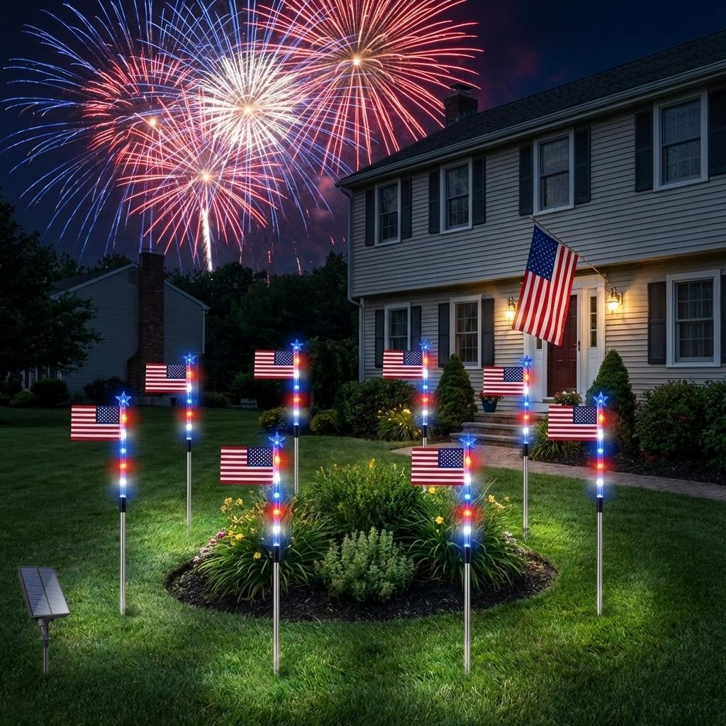 Solar Garden Stake Lights with Red White Blue LEDs and 8 Display Modes, 8-Pack