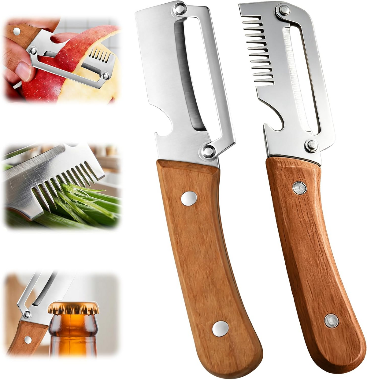 Wide Blade Vegetable Peeler with Julienne Edge and Wooden Handle for Root Vegetables