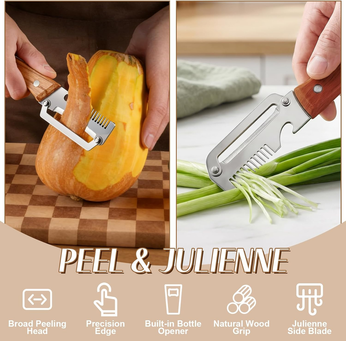 Wide Blade Vegetable Peeler with Julienne Edge and Wooden Handle for Root Vegetables