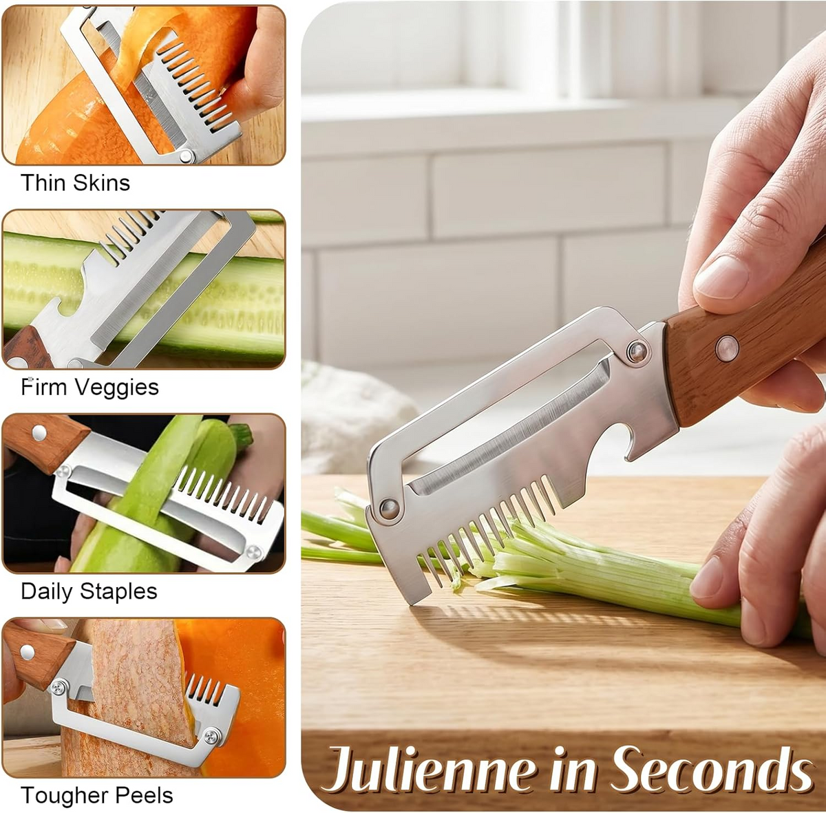 Wide Blade Vegetable Peeler with Julienne Edge and Wooden Handle for Root Vegetables