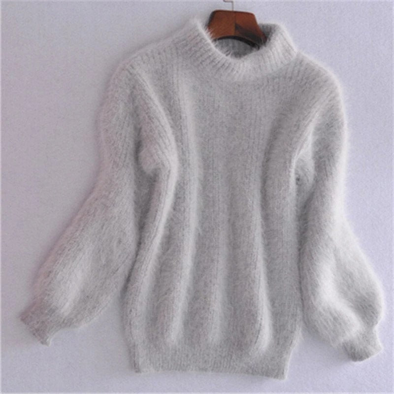 Solid Color Loose Knit Sweater - Vintage Style Angora Pullover for Women