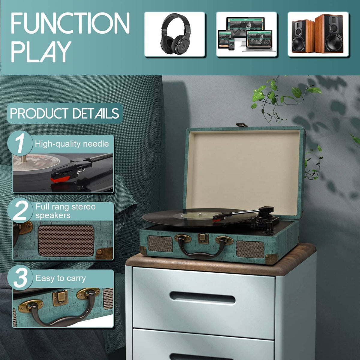 Record Player Vintage 3 Speed Bluetooth Vinyl Turntable with Built in Speakers